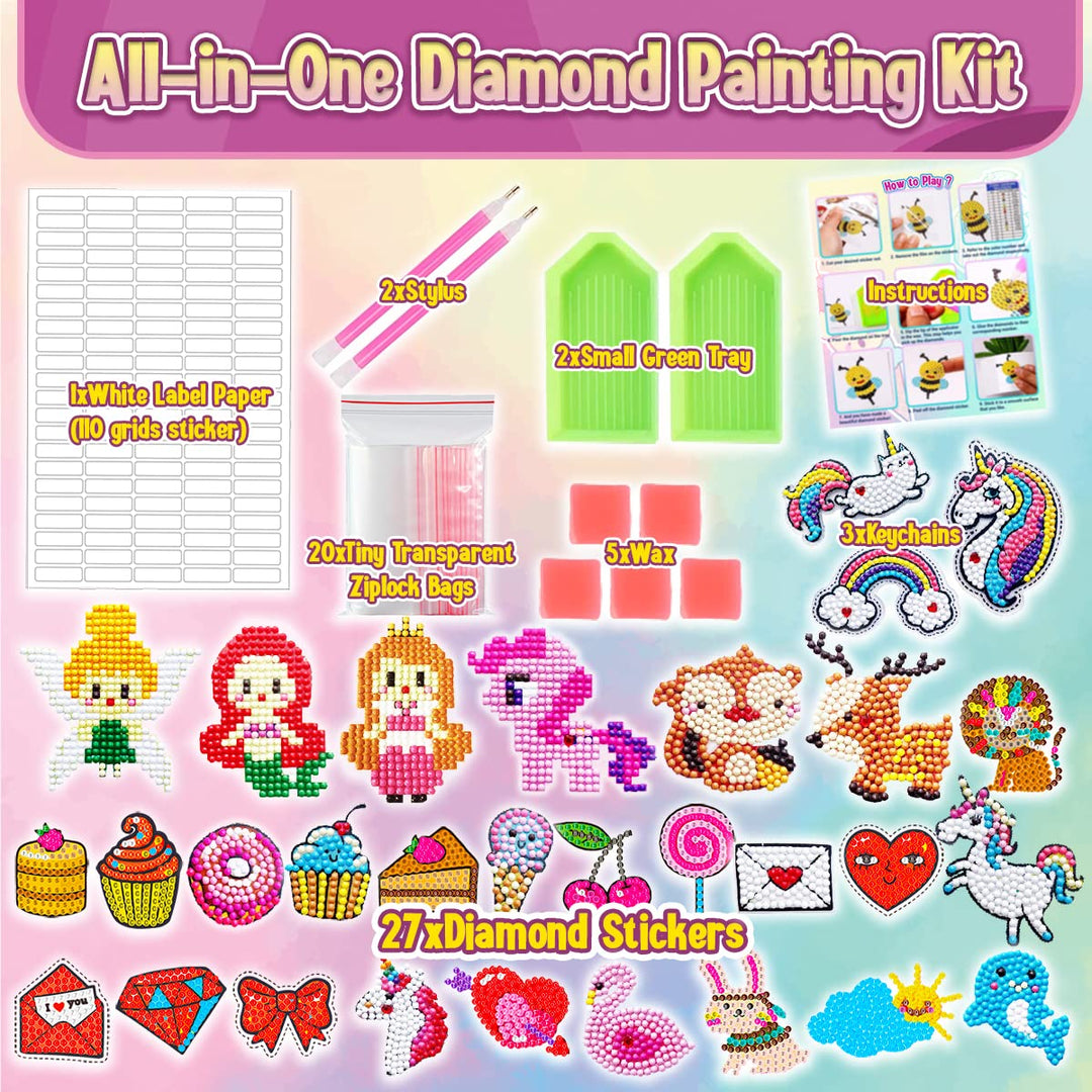 DIY Craft Kit, Diamond Painting Kit for Kids with 27 Unicorn Stickers &amp; 3 Keychains, Arts and Crafts Kit for Ages 4-8, Crafts for Girls and Boys, Unicorn Themed Gifts