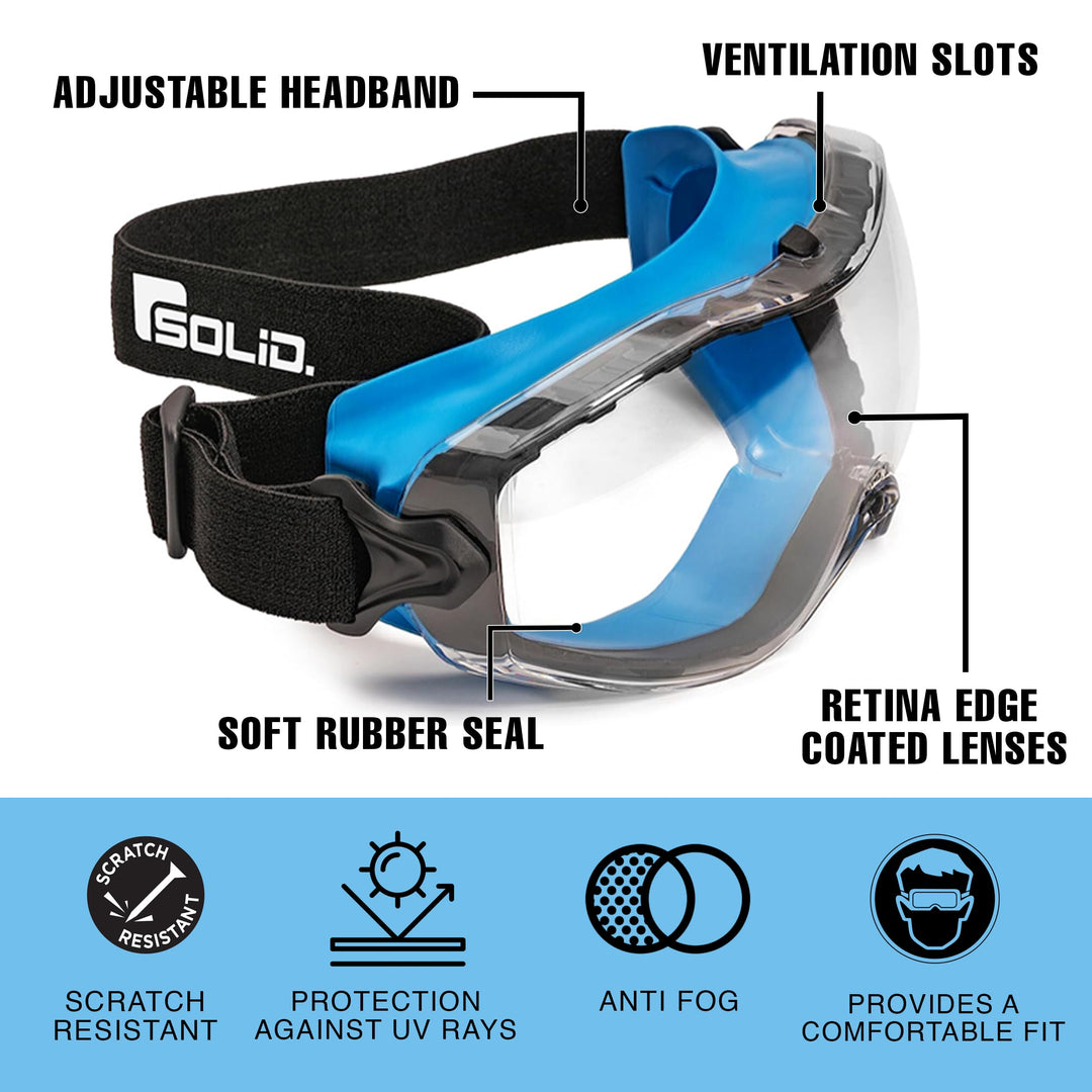 Safety Goggles Anti-Fog Clear Lens with Adjustable Elastic Headband. Protective Eyewear for Men &amp; Women (Blue)