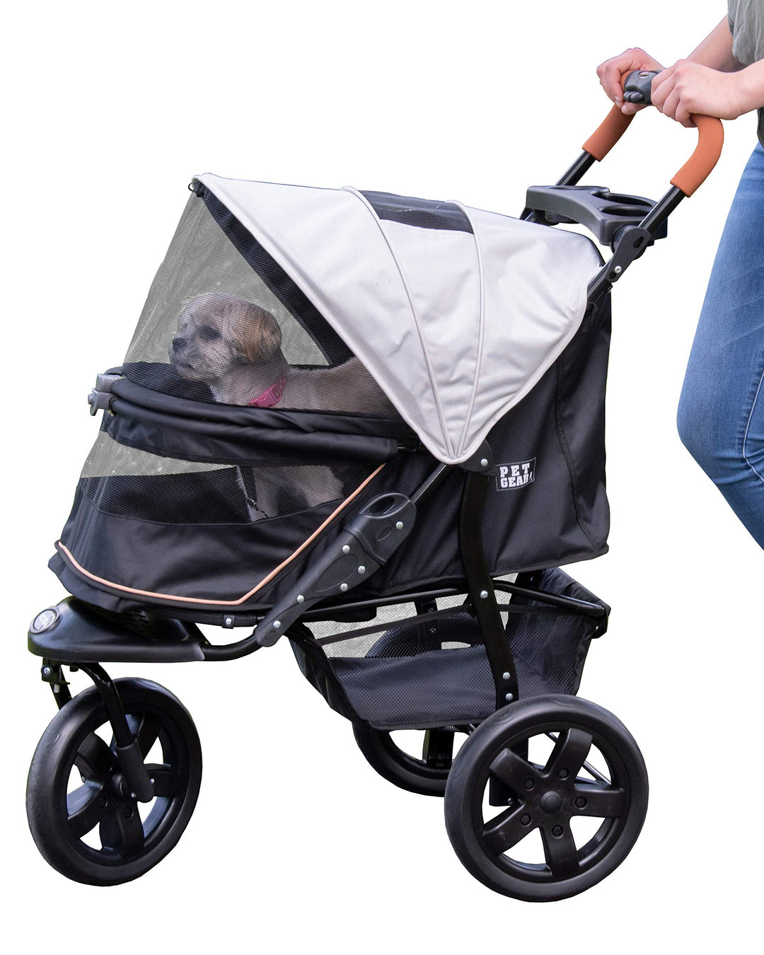 No-Zip AT3 Pet Stroller for Cats/Dogs, Zipperless Entry, Easy One-Hand Fold, Jogging Tires, Removable Liner, Cup Holder + Storage Basket, 1 Model, 2 Colors