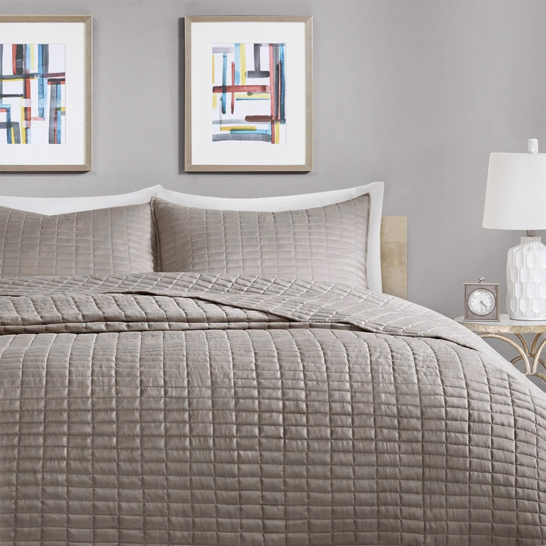 King Quilt-All Season Bedding, Taupe Bedspread With Double Sided Stitching Design, Soft Summer Blanket Matching Shams Coverlet Kienna Collection (120x118) 3 Piece