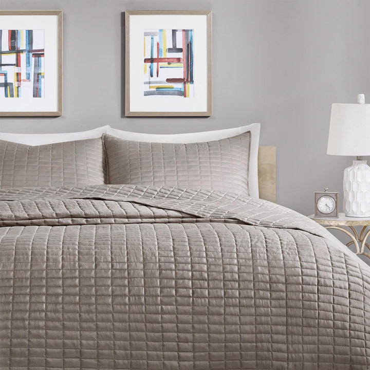 King Quilt-All Season Bedding, Taupe Bedspread With Double Sided Stitching Design, Soft Summer Blanket Matching Shams Coverlet Kienna Collection (120x118) 3 Piece