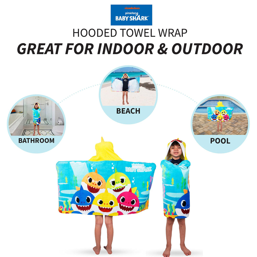 Kids Bath and Beach Soft Cotton Terry Hooded Towel Wrap, 24 x 50, Baby Shark