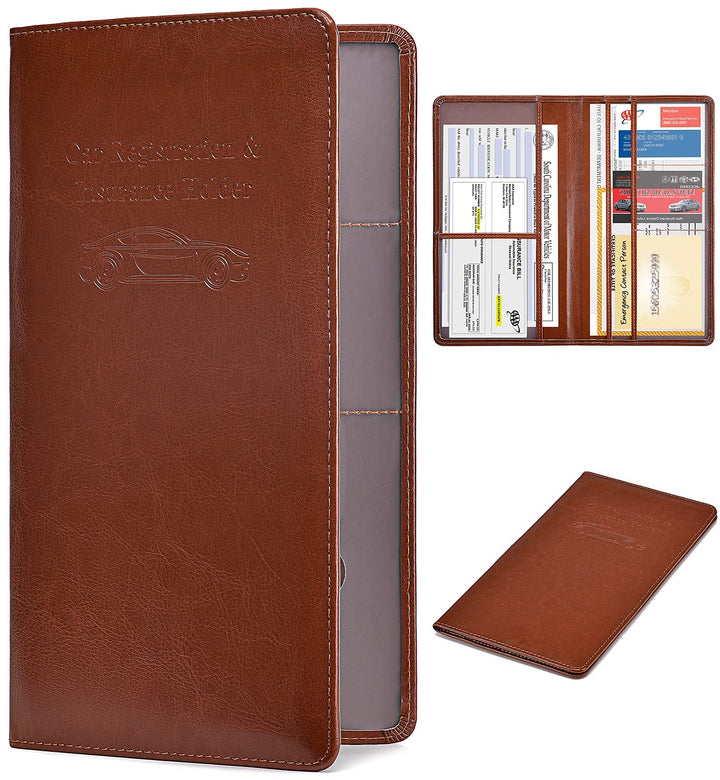 Car Registration and Insurance Card Holder - Leather Vehicle Glove Box Automobile Documents Paperwork Wallet Case Organizer for ID, Driver&#39;s License, Key Contact Information Cards - Men&amp;Women