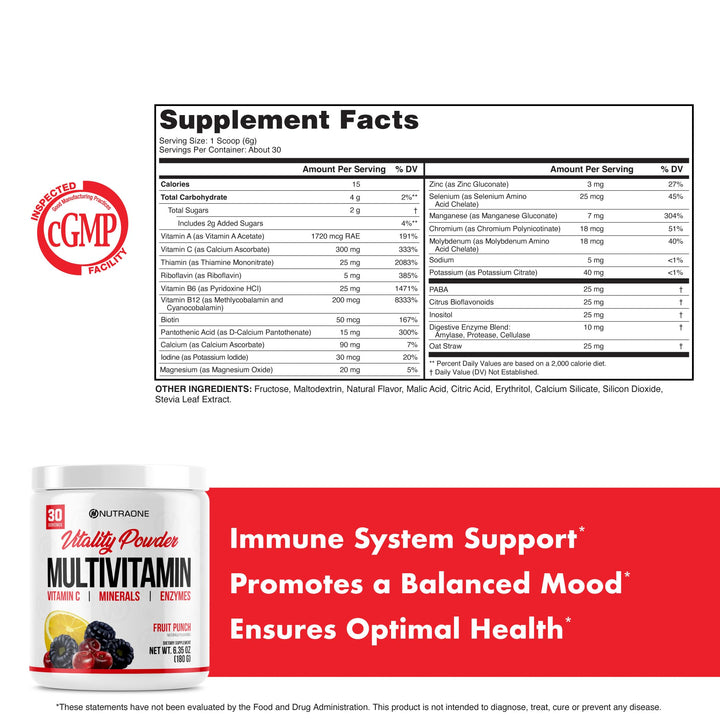 Vitality Vitamin Powder Powdered Vitamin and Mineral Supplement (Fruit Punch - 30 Servings)