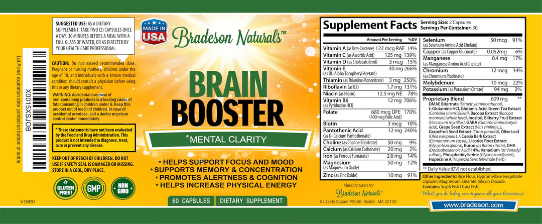 Brain Booster Supplement for Focus, Memory, Clarity, and Energy. Nootropics Booster. Unlock Your Full Potential - 60 Capsules Made in USA