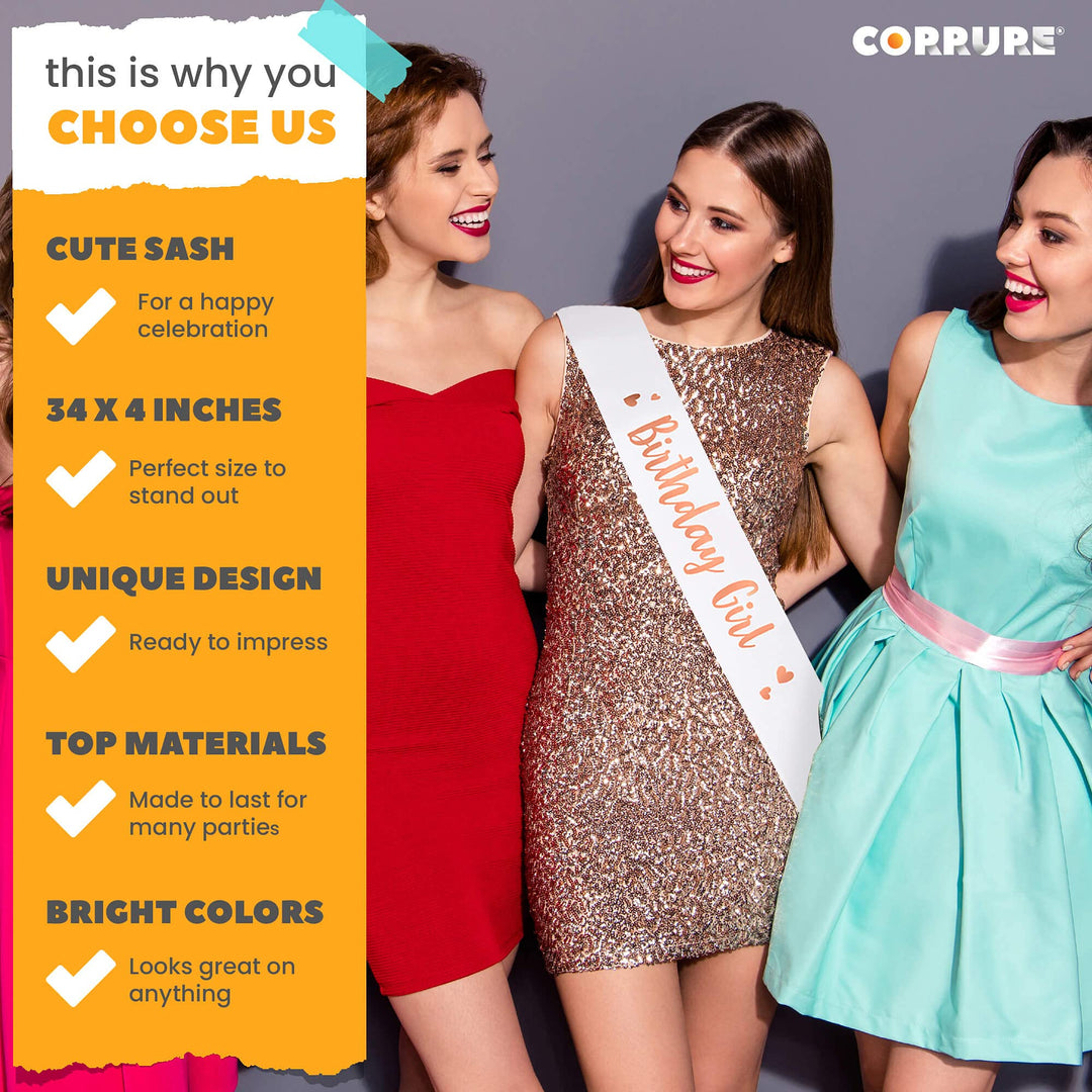 &#39;Birthday Girl&#39; Sash with Rose Gold Foil - Soft Satin White Sash for Women - Happy Birthday Sash for Sweet 16, 18th 21st 25th 30th 40th 50th or Any Other Bday