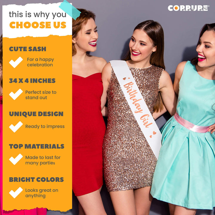 &#39;Birthday Girl&#39; Sash with Rose Gold Foil - Soft Satin White Sash for Women - Happy Birthday Sash for Sweet 16, 18th 21st 25th 30th 40th 50th or Any Other Bday