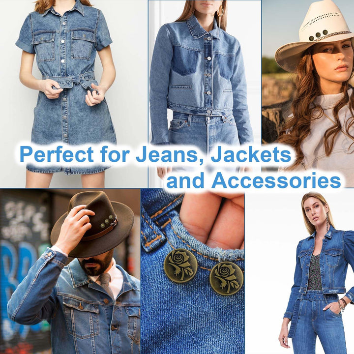 FlyingLeaves 12PCS Metal Jeans Button Replacement Kit - Easy Install Snap Buttons for Denim, Adjustable Waist, No Sew Tool-Free Fasteners, Durable &amp; Removable Jean Button Pins for Pants, Jackets
