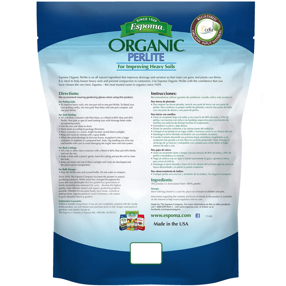 Organic Perlite; All Natural and Approved for Organic Gardening. Helps Loosen and Aerate Heavy Soils, Prevent Compaction & Promotes Root Growth – Pack of 1