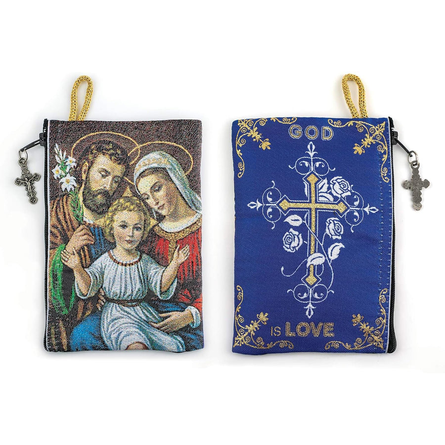 Catholic Rosary Pouch, Holy Family & God is Love, 4 x 6 Jewelry & Coin Purse with Cross, Small Woven Tapestry Icon Bag, Bolsa de Rosario Católico para Joyería
