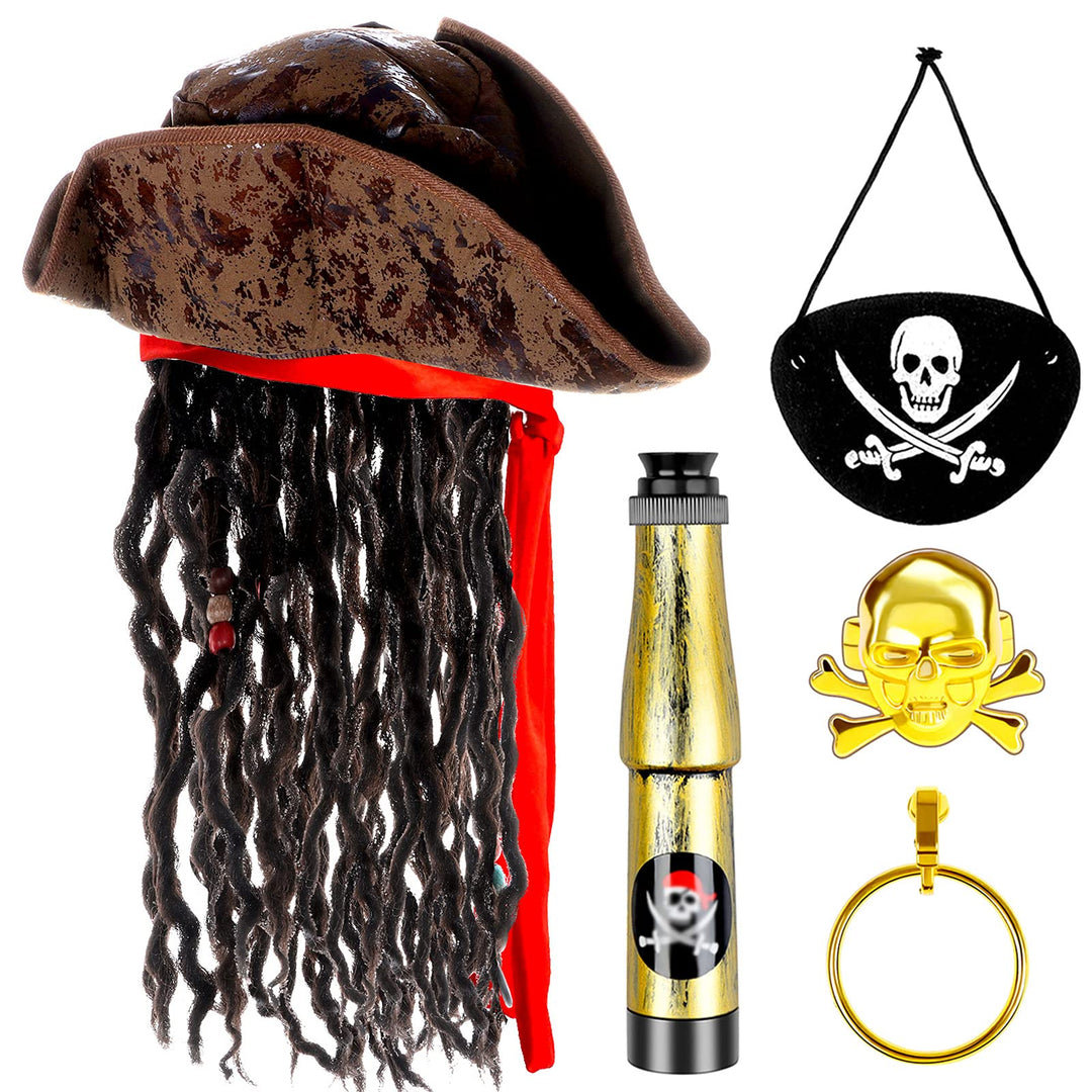 Pirate Hat with Dreadlocks Braids and Costume Accessories Set, Halloween Masquerade Accessory Set of 5