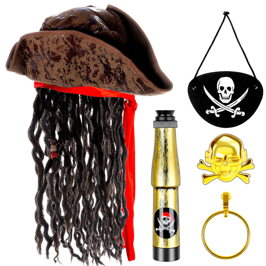 Pirate Hat with Dreadlocks Braids and Costume Accessories Set, Halloween Masquerade Accessory Set of 5