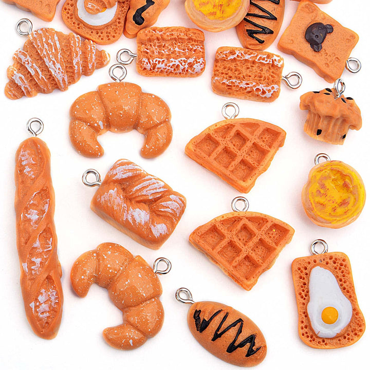 24pcs Mixed Imitation Food Charms Resin Loaf Bread Baking Baguette Cake Croissant Waffle Egg Tart Dangle Pendants Ornament for DIY Necklace Keychain Jewelry Making
