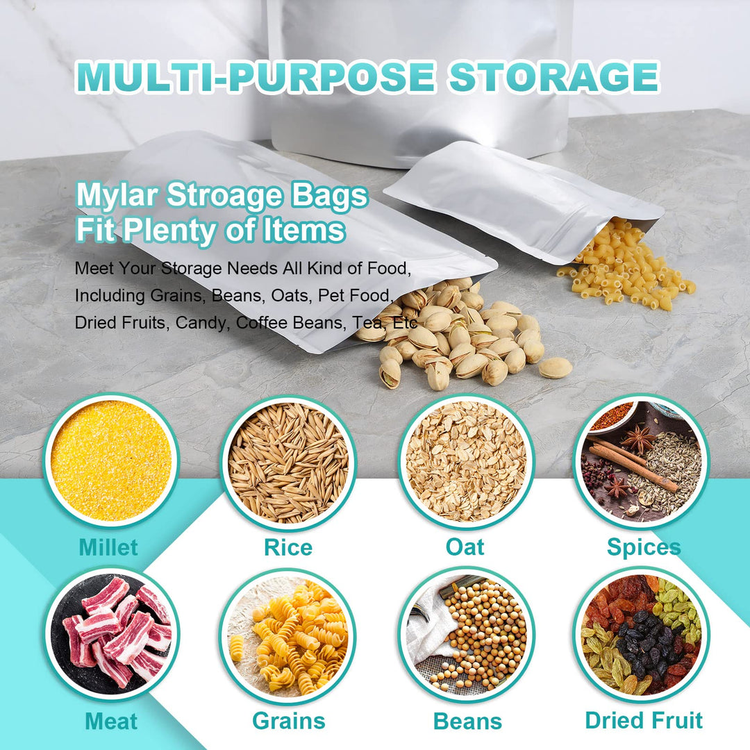 50pcs 1 Gallon Mylar Bags for Food Storage, 10 Mil 10x14 Stand-Up Zipper Pouches Resealable and Heat Sealable Bags for Long Term Food Storage(10x14, Extra Thick)