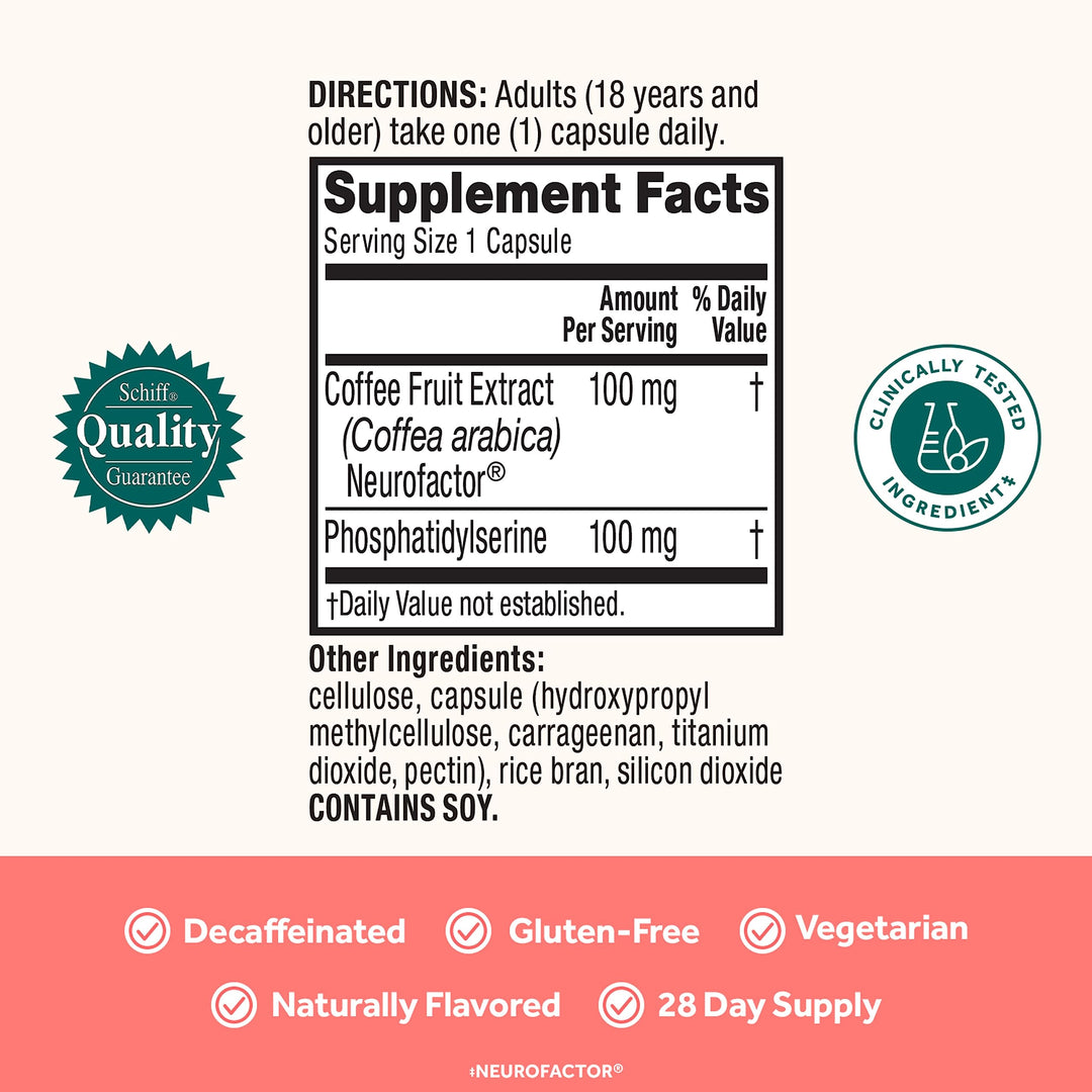 Original Decaffeinated Clinically Tested Nootropic Brain Supplement for Memory, Focus &amp; Concentration, NeuroFactor &amp; Phosphatidylserine, 28ct Capsules