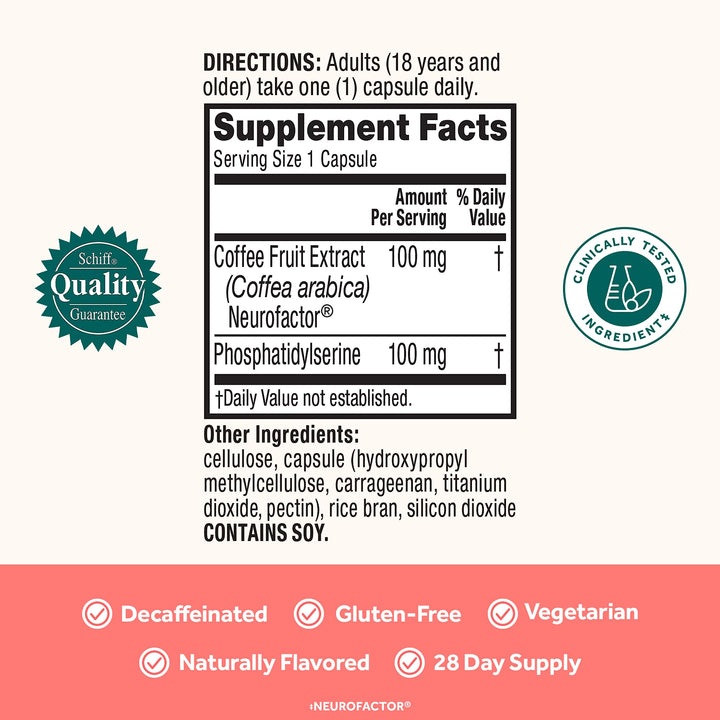 Original Decaffeinated Clinically Tested Nootropic Brain Supplement for Memory, Focus &amp; Concentration, NeuroFactor &amp; Phosphatidylserine, 28ct Capsules