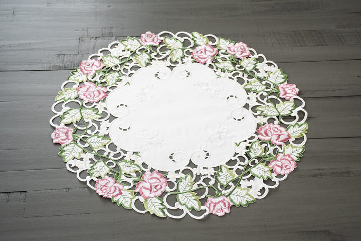 Embroidered Victorian Pink Rose with Green Cut Work on Ivory Large Doily, Small Table Centerpiece, Placemat (22 Inch Round)