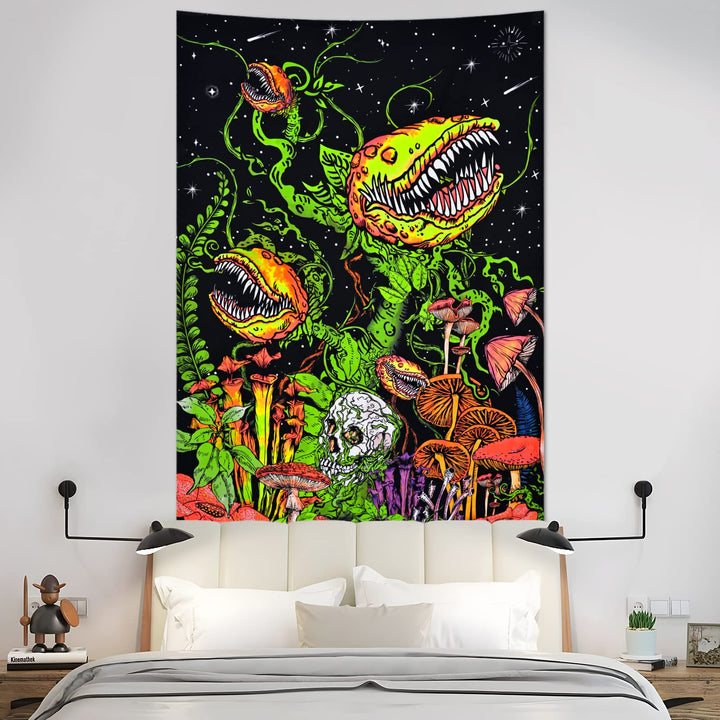 Blacklight Skull Tapestry Flowers and Vines Tapestries UV Reactive Mushroom Tapestry Black Light Posters for Living Room, Bedroom, Aesthetic Glow in The Dark(59.1 x 82.7 inches)