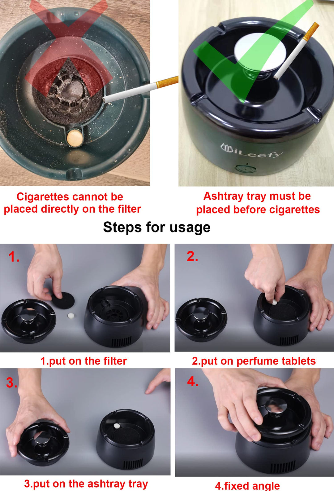 2 in 1 Multifunctional Smokeless Ashtray USB Rechargeable Ash Tray Electronic Ashtray Best for Home Office or Car (Black)