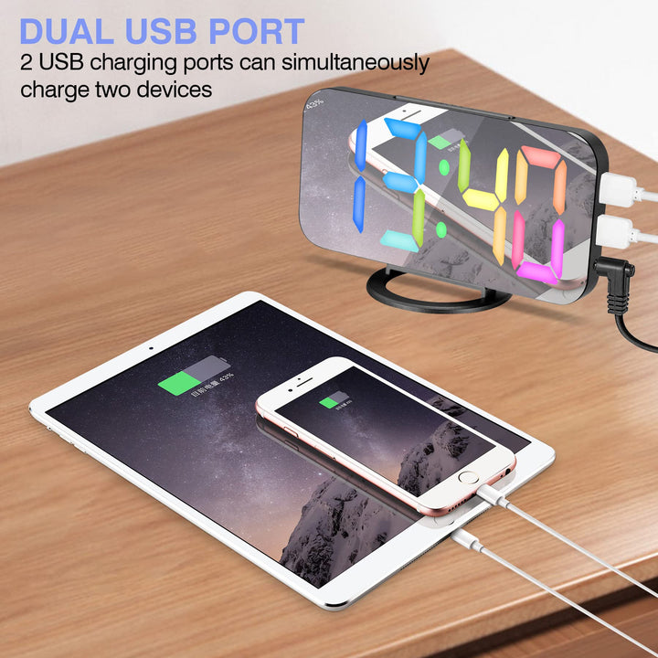 Digital Alarm Clock, Bedroom Decor, LED Mirror Desk Clock Large Display for Heavy Sleepers, Dual USB Charger Ports, 3 Level Brightness, Electronic Clock for Bedroom Home Living Room Office(Gold)