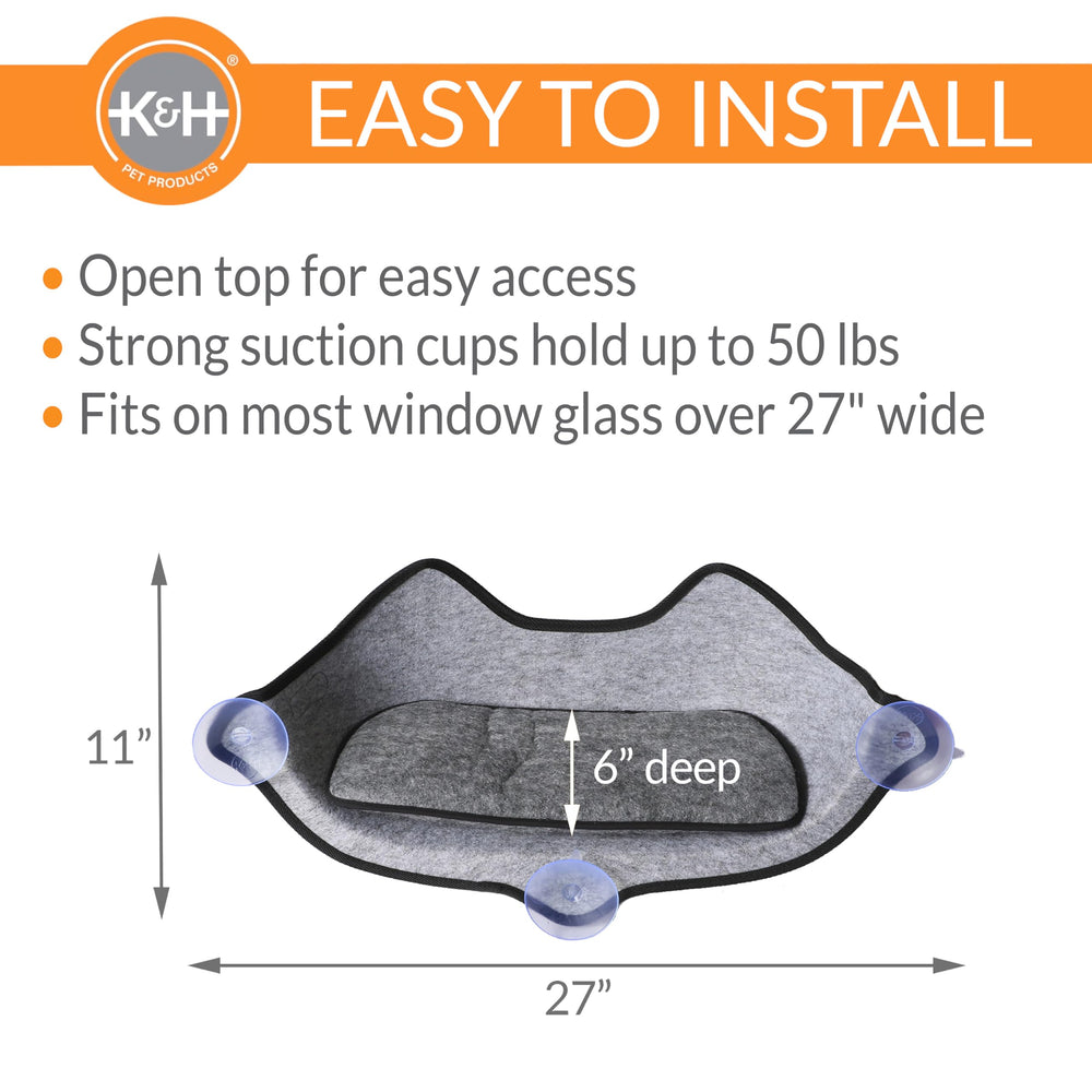 EZ Mount Kitty Face Cat Window Perch Bed, Sturdy Cat Window Hammock with Strong Suction Cups, Washable Sleeping Pad, Fits 27 W X 11 H Glass Spaces - Gray Kitty Face Design