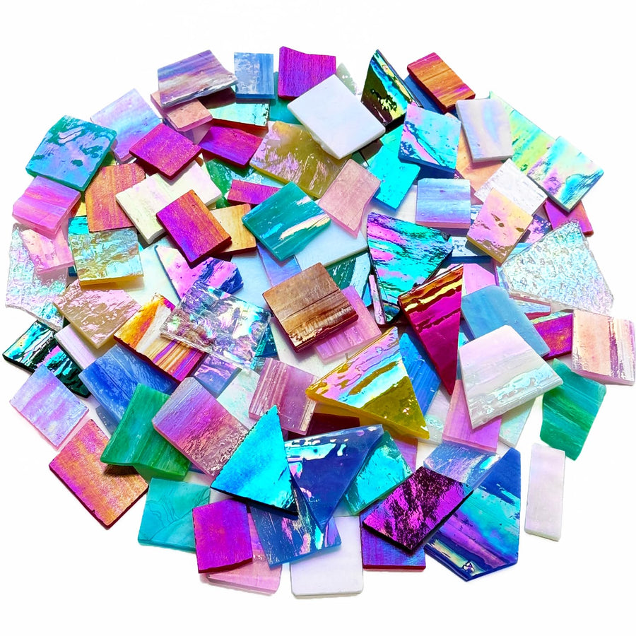 Iridescent Mosaic Glass Pieces Stained Glass Sheet Scraps for Crafts, Mosaic Tiles Supplies Kit, Variety of Rainbow Iridized Colors and Shapes, 35oz Value Pack