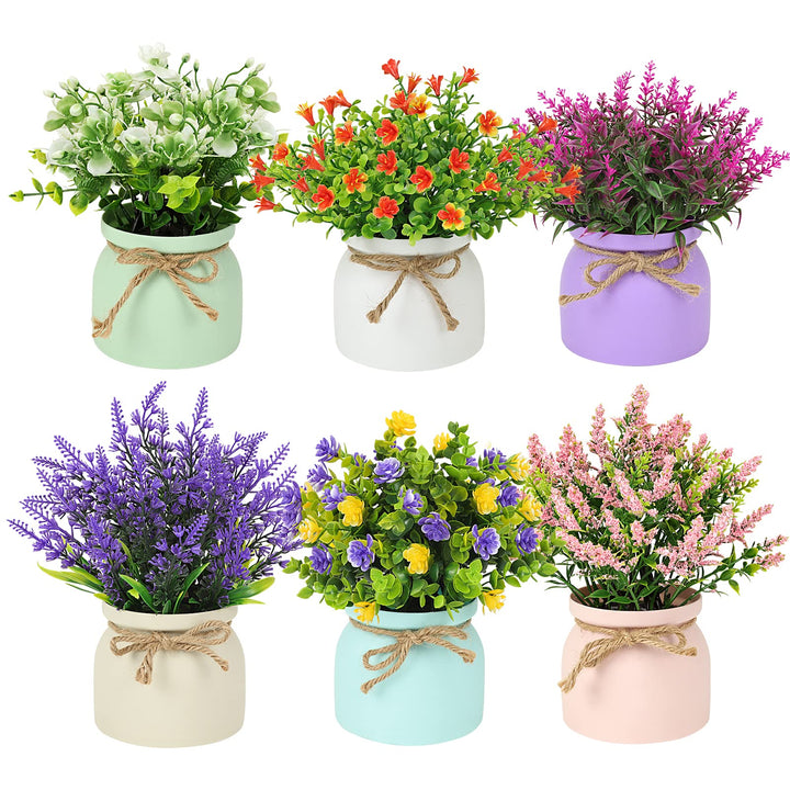 6pcs Fake Potted Plants Small Artificial Plants Indoor Artificial Flowers Outdoor in Macaron Pot, Desk Plants for Home Indoor Bathroom Kitchen Shelf Office Decor