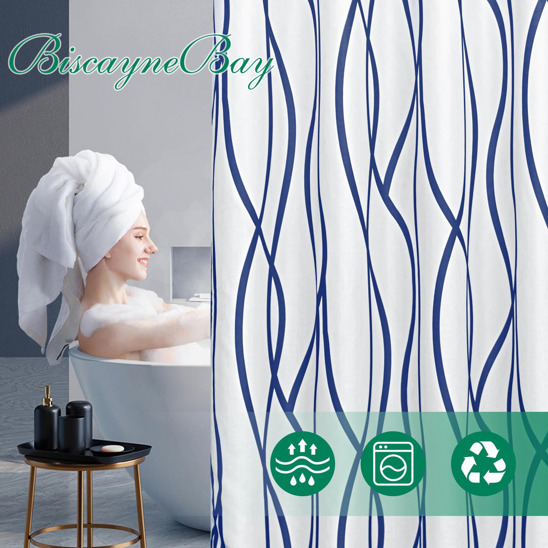 Extra Long Textured Fabric Shower Curtain 72 W x 84 L, Navy Striped Printed Linen Modern Hotel Luxury Quality Cloth Bathroom Curtains Machine Washable