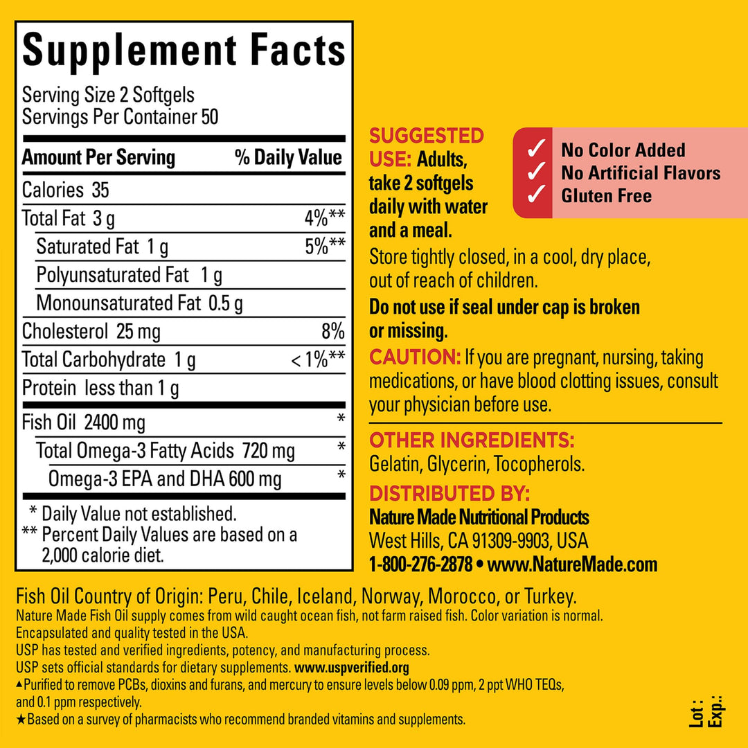 Nature Made Fish Oil 1200 mg Softgels, Fish Oil Supplements, Omega 3 Fish Oil for Healthy Heart Support, Omega 3 Supplement with 100 Softgels, 50 Day Supply