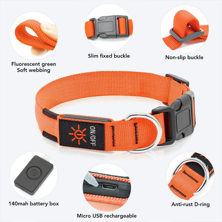 Light Up Dog Collar at Night, Led Dog Collar Adjustable, Lighted Dog Collar Rechargeable Waterproof, Dog Lights for Night Walking, Glow in The Dark Dog Collars Light for Medium Large Dogs OM