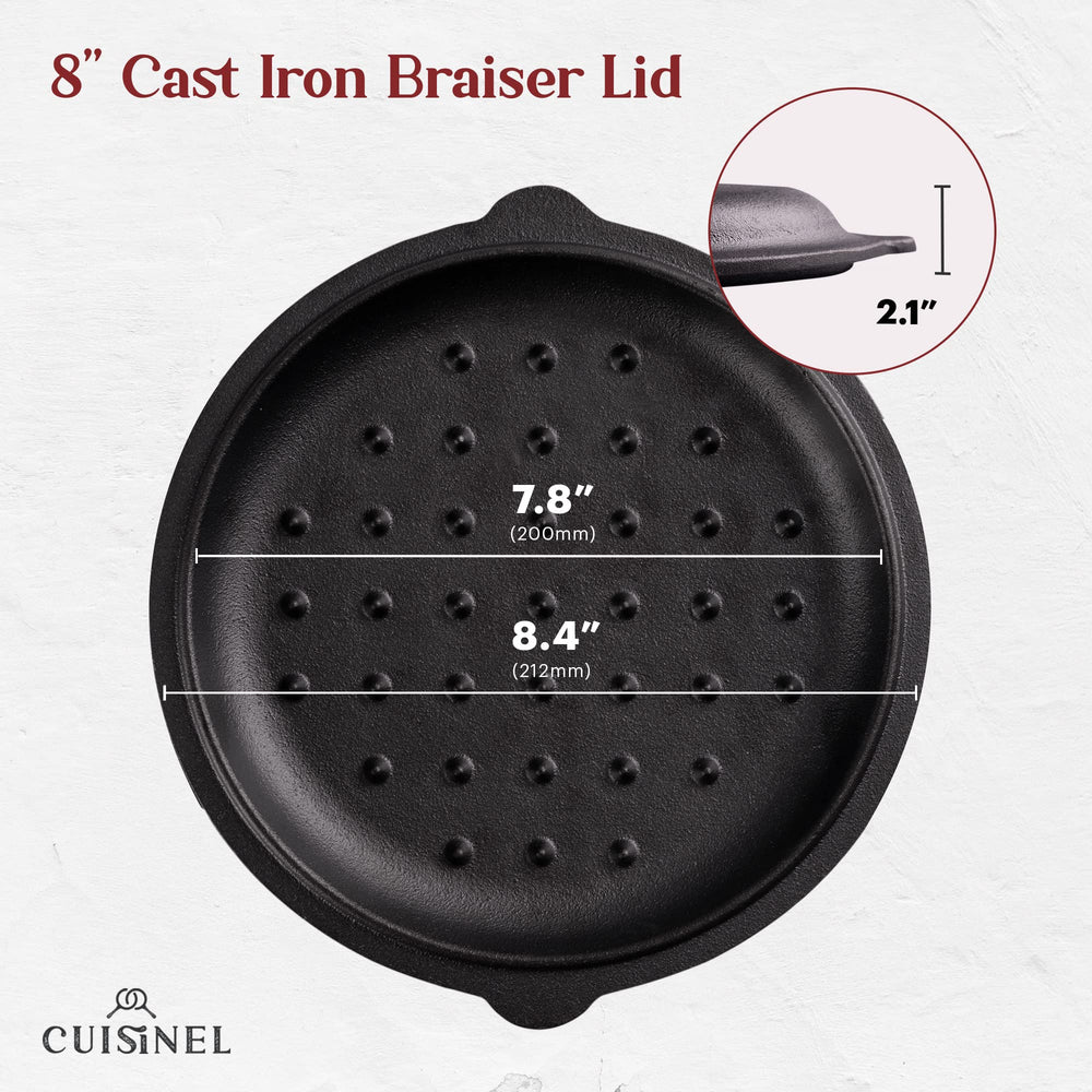 Cast Iron Lid - Fits 8-Inch / 20.32cm Lodge Skillet, Frying Pans or Braiser + Silicone Handle Holder + Care Guide - Pre-Seasoned Replacement Cover - Indoor/Outdoor, Oven, Open Fire, BBQ Safe