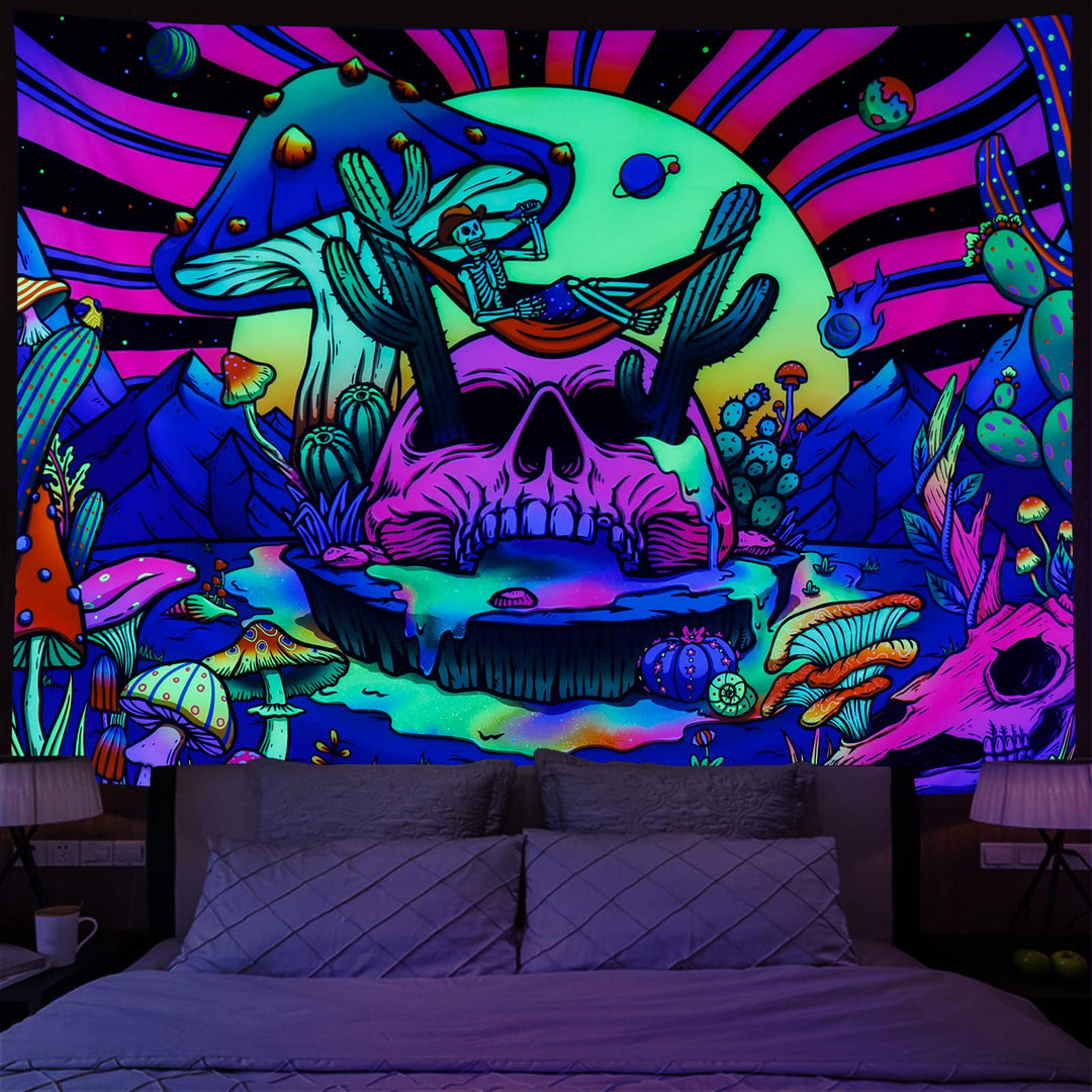 Amonercvita Blacklight Skull Tapestry UV Reactive Mushr