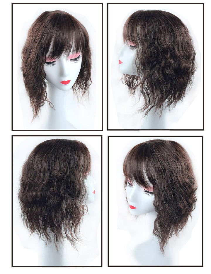 Water Wavy Hair Forehead Piece Clip in Middle Part Topper with Choppy Fringe Thin/35cm, Dark Brown