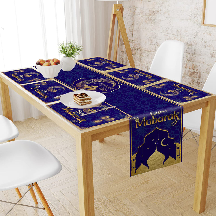 7PCS Eid Mubarak Table Runner and Placemats Ramadan Table Runner Table Mats Golden Star Moon Lantern Ramadan Decor Sets Eid Al-Fitr Ramadan Mubarak Party Home Dinning Room Table Decorations
