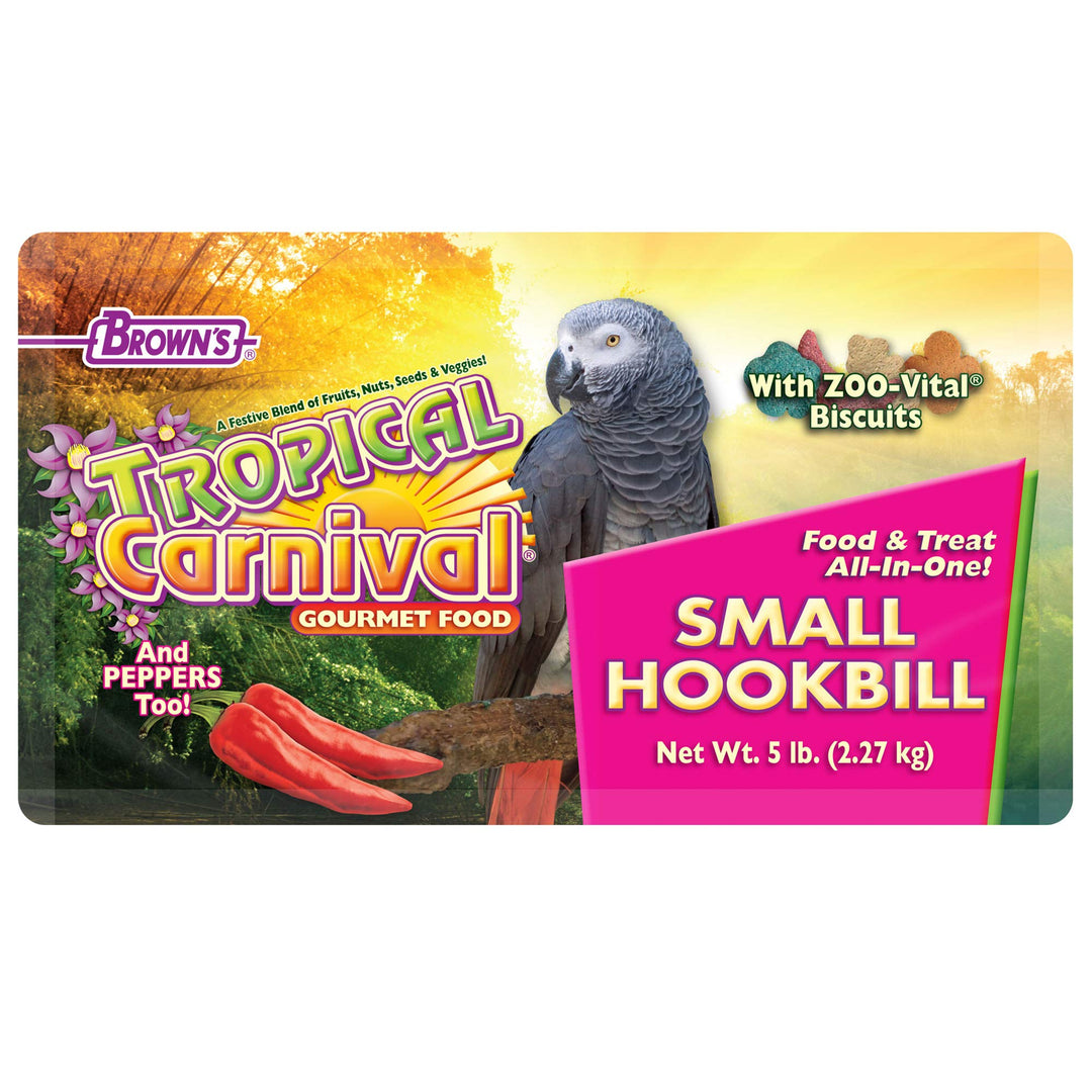 F.M. Brown's Tropical Carnival Gourmet Bird Food for Parrots, African Greys, and Conures Under 13, Probiotics for Digestive Health, Vitamin-Nutrient Fortified Daily Diet - 5 lb.