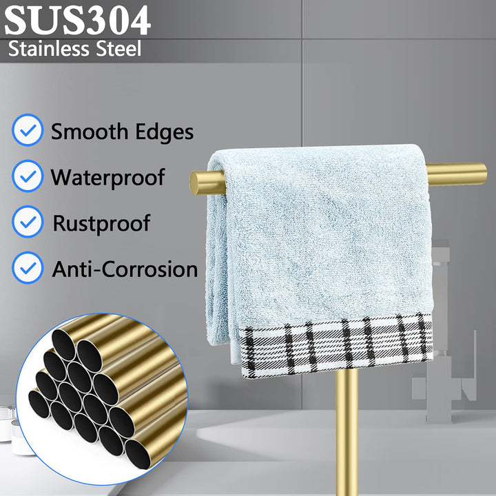 1 Pack Golden T-Shape Towel Bar Rack Stand Bath Hand Towel Holder Standing SUS 304 Stainless Steel Matte Tower Bar for Bathroom Kitchen Vanity Countertop