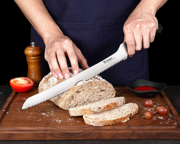 , 12 Inch Offset Bread Knife Serrated Knife Wave Edge Blade, Black