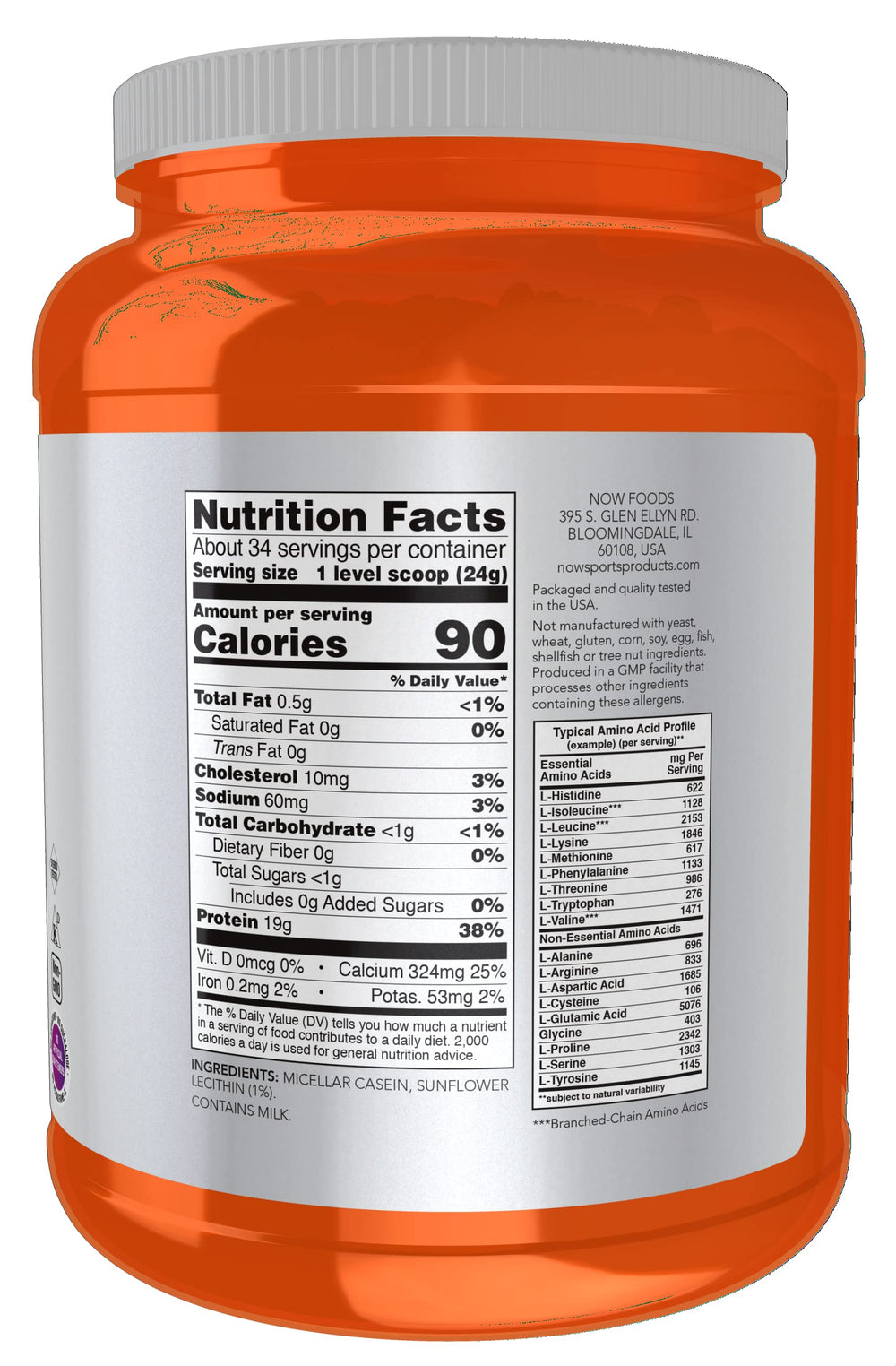 Sports Nutrition, Micellar Casein 19 g, Slow Release, Unflavored Powder, 1.8-Pound