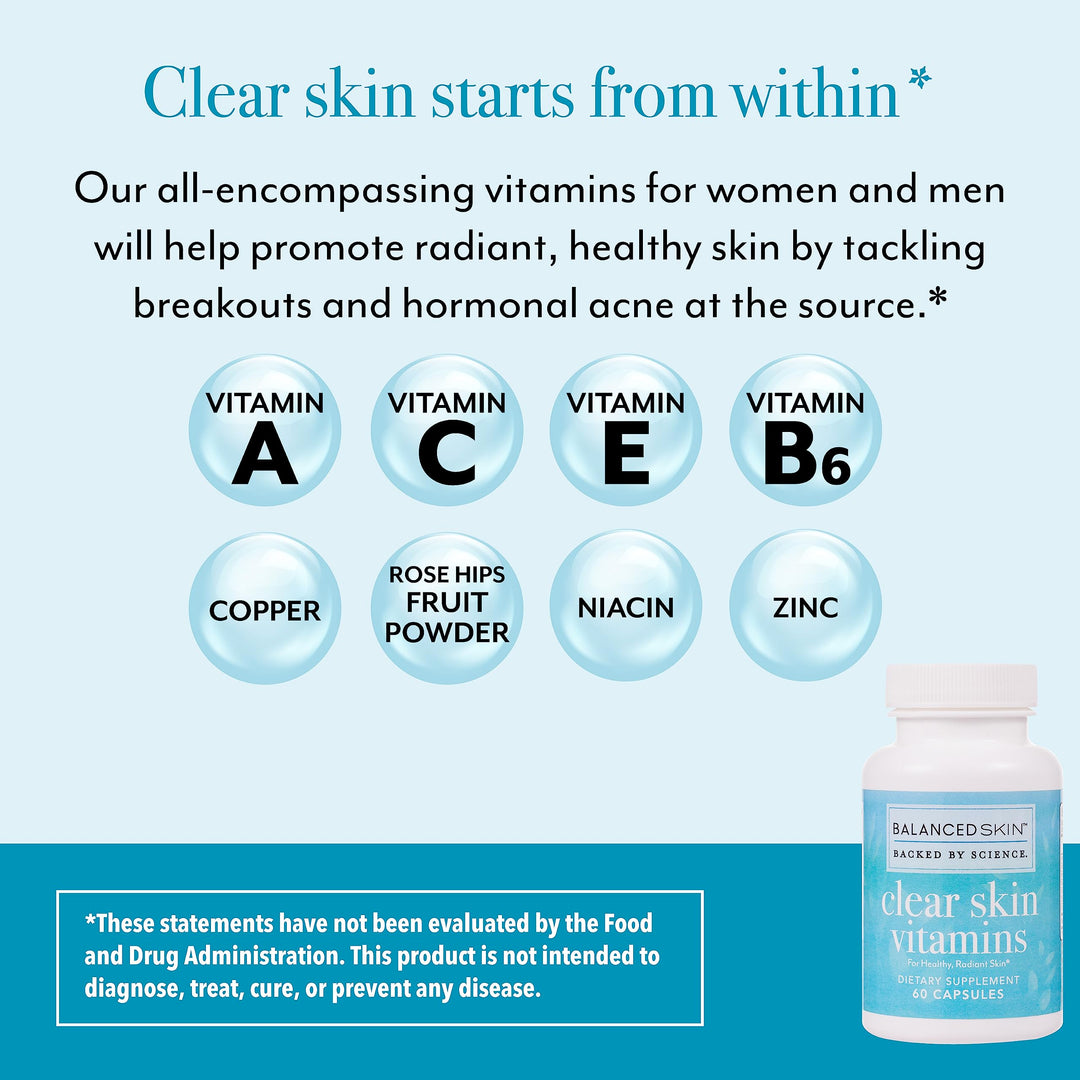 Clear Skin Vitamins for Women &amp; Men - Supplement for Healthy Glowing Skin and Acne Control* - Patented and Dermatologist Developed Hormonal &amp; Cystic Acne Pills
