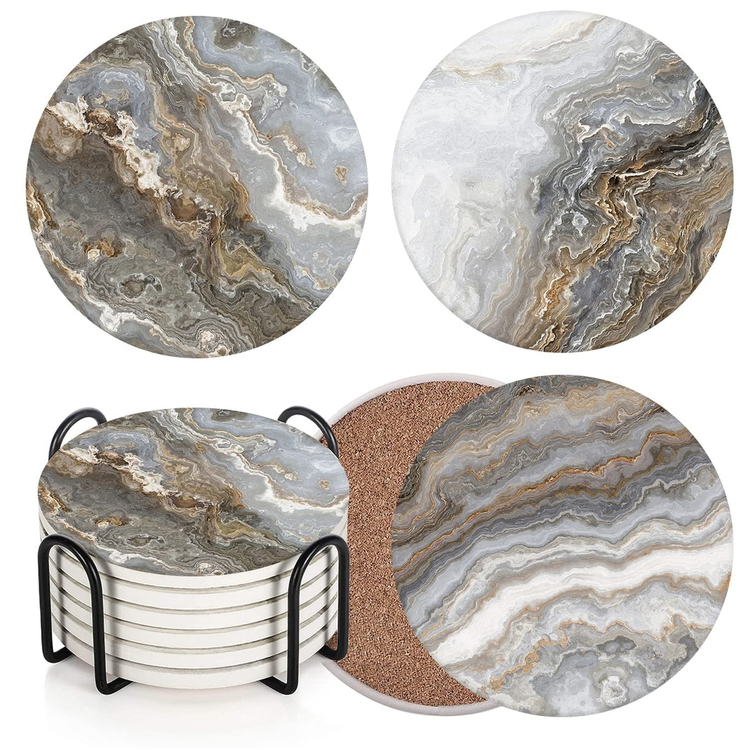 Coaster for Drinks Set of 6, Grey Marble Golden Stone Agate Table Absorbent Round Ceramic Stone Mat, with Cork Base and Metal Holder, Gift for Housewarming Room Bar Decor
