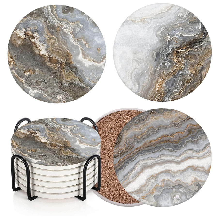 Coaster for Drinks Set of 6, Grey Marble Golden Stone Agate Table Absorbent Round Ceramic Stone Mat, with Cork Base and Metal Holder, Gift for Housewarming Room Bar Decor