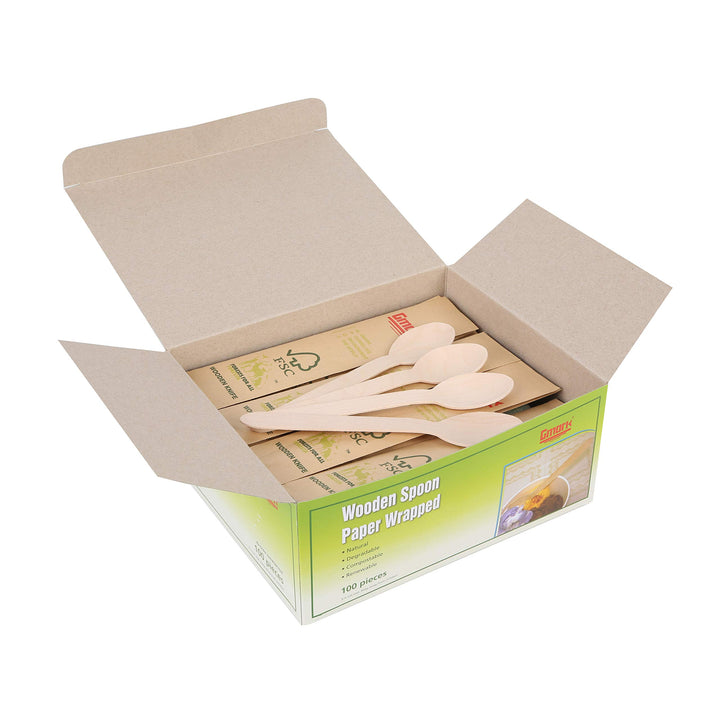 Disposable Wooden Spoons Paper Wrapped | Pack of 100-6.5 Spoons | 100% All-Natural, Eco-Friendly, Biodegradable, and Compostable 100 ct Individually Wrapped in Box GM1024