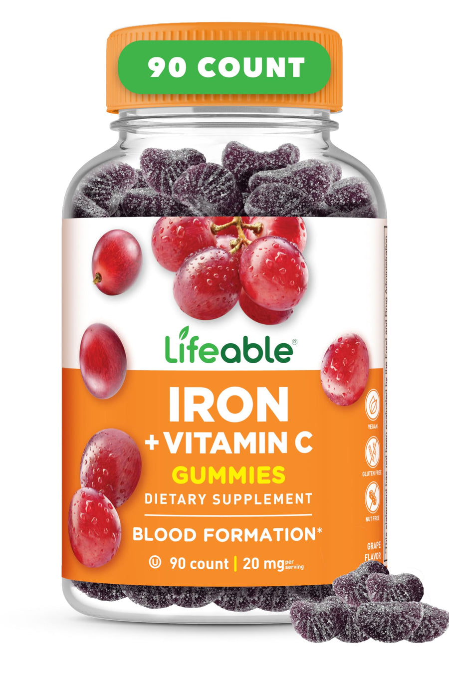 Lifeable Iron Gummies | 20mg | with Vitamin C | Great T