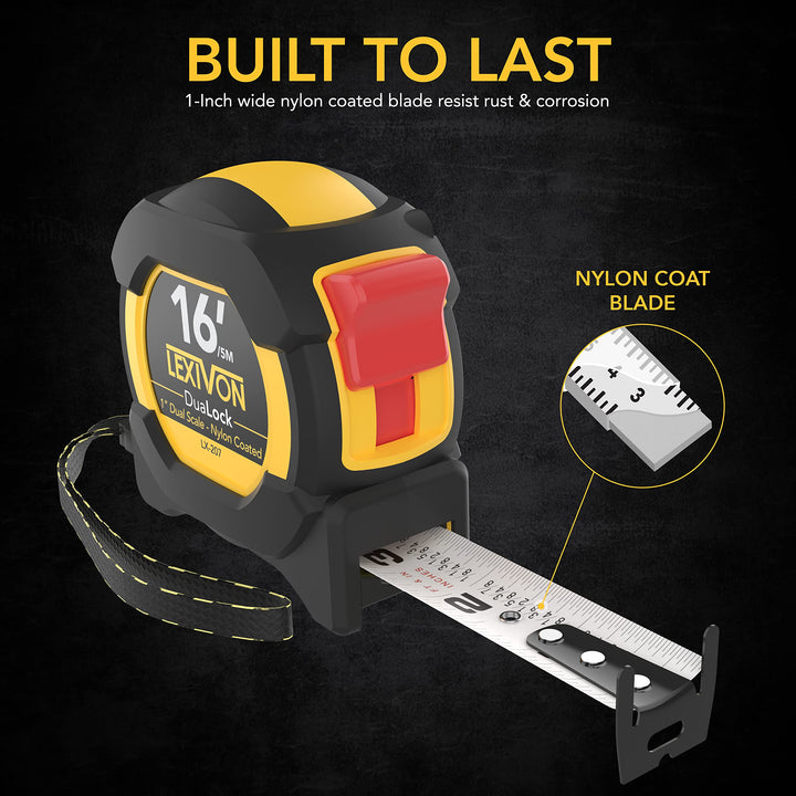 16Ft/5m DuaLock Tape Measure | 1-Inch Wide Blade with Nylon Coating, Matt Finish White &amp; Yellow Dual Sided Rule Print | Ft/Inch/Fractions/Metric (LX-207)