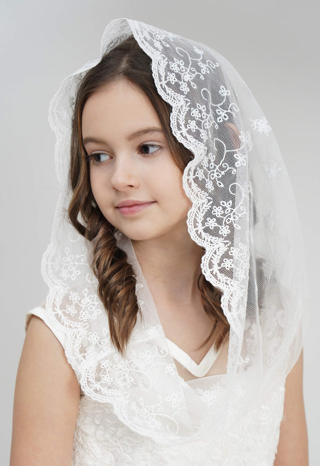 Flowergirl Lace Veil Floret Edge Headband First Communion Veil Girls Lace Headwrap For Girls F07 (Ivory)
