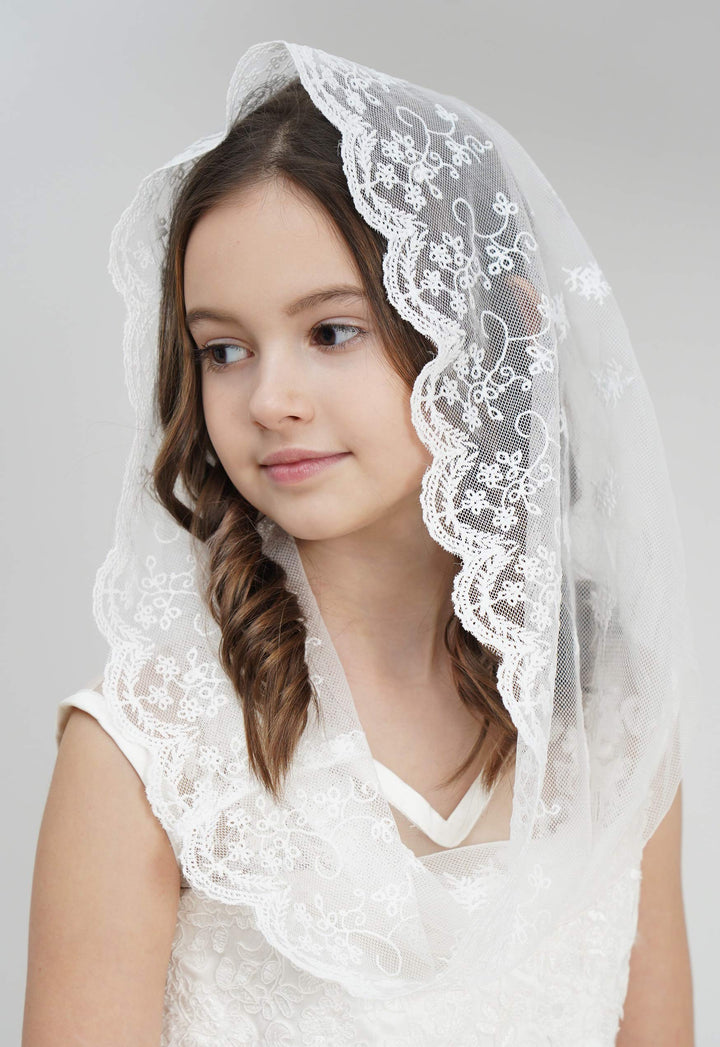 Flowergirl Lace Veil Floret Edge Headband First Communion Veil Girls Lace Headwrap For Girls F07 (Ivory)