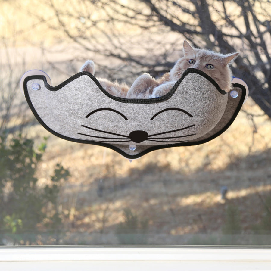 EZ Mount Kitty Face Cat Window Perch Bed, Sturdy Cat Window Hammock with Strong Suction Cups, Washable Sleeping Pad, Fits 27 W X 11 H Glass Spaces - Gray Kitty Face Design