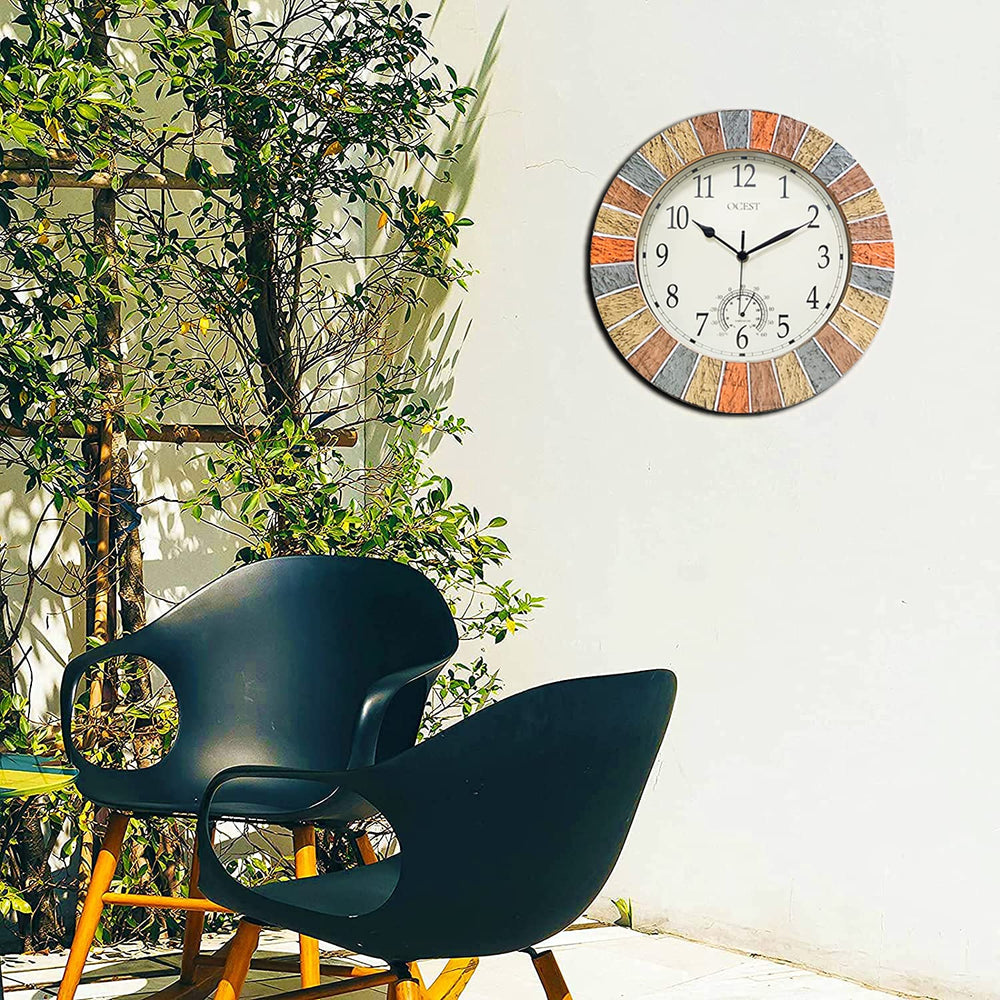 13 Inch Large Outdoor Indoor Clock, Waterproof Wall Clock with Thermometer, Weather-Resistant Non-Ticking Battery Operated Decor Clock for Patio, Pool, Lanai, Fence, Porch, Garden (Yellow)