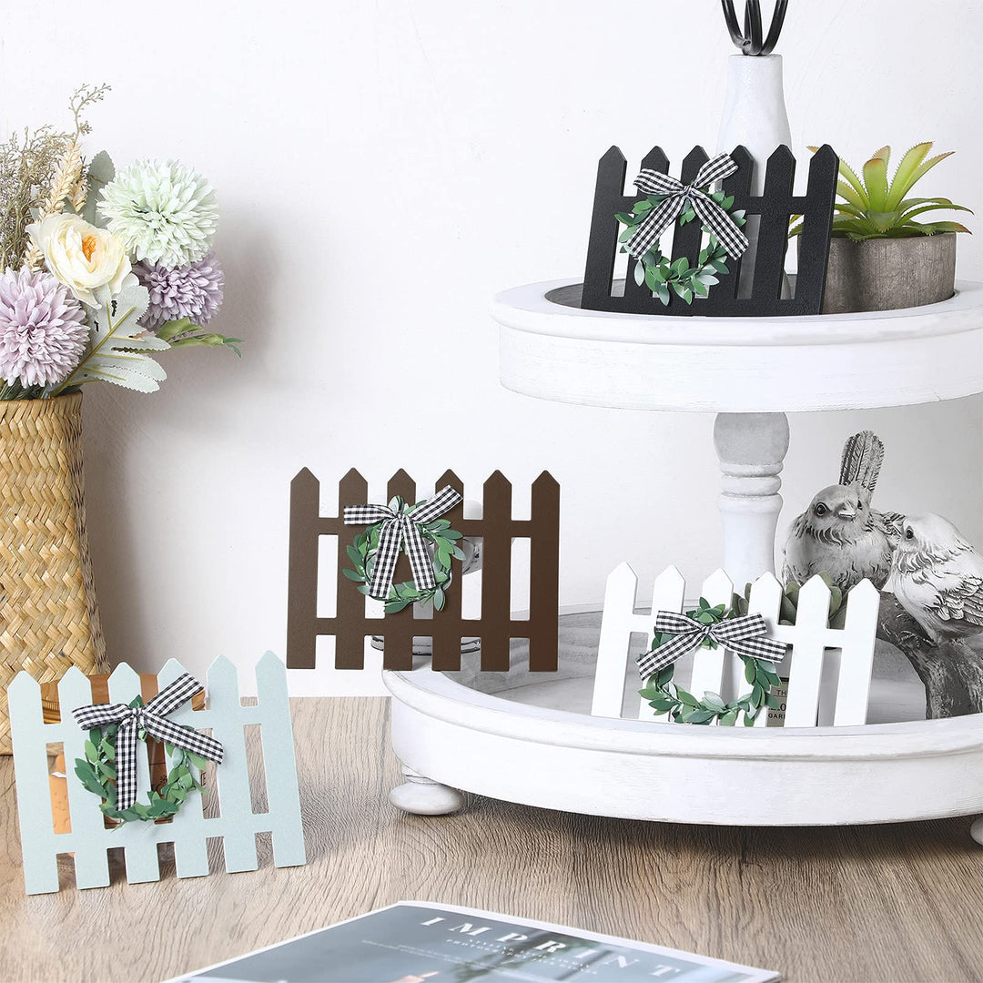 4 Piece Farmhouse Wooden Window Tiered Tray Decoration Frame Black and White Plaid Mini Wooden Sign Decor Summer Rustic Wooden Sign Decoration for Home Kitchen Tiered Tray Decor (Fence Style)