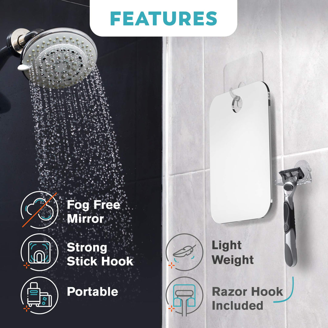 Small 4x6in Wall Mount Home Mirror - Fogless Shower Shaving, Anti Fog, Razor Holder, Bathroom Accessories, Plastic, White, Travel